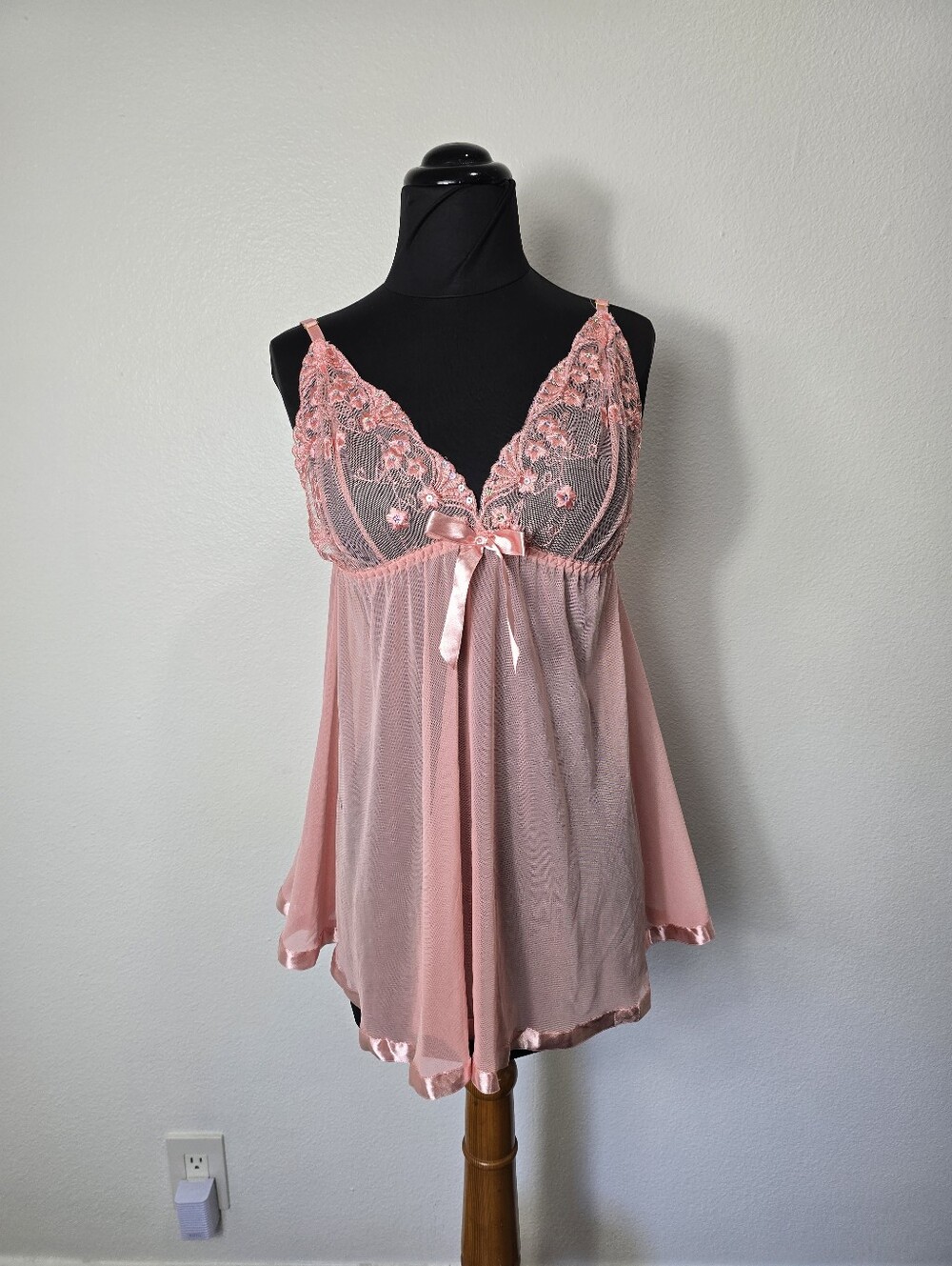 Pink Lace Mesh Babydoll Chemise - Unbranded